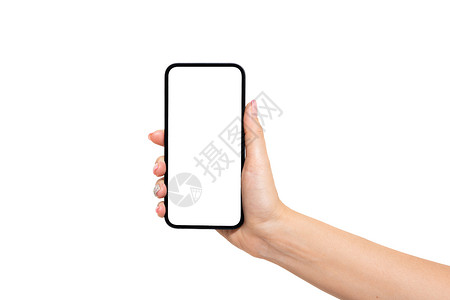 女性手持智能手机 白背景上隔开空白的屏幕 只用白色背景背景图片