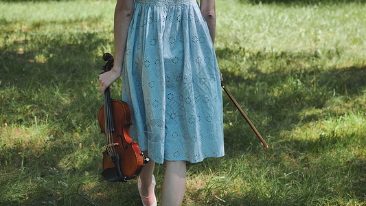 裸背伤感萌妹一个穿裙子的女孩 带着小提琴在公园里散步乐器森林女性头发女士小提琴家音乐家娱乐艺术日落背景