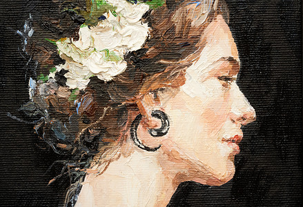 调色刀肖像碎片 漂亮的棕色头发女孩 头发里有朵花黑发花朵赭石笔触印象派帆布调色眼睛女性浮雕背景