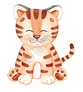 水彩小猫以白色背景隔离的水彩可爱老虎婴儿 儿童织物 印刷品 设计等动物图示背景