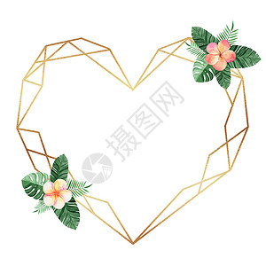 多边形星形边框金色心形框架 有水彩热带花朵 孤立在白色背景上 用于婚礼请柬和卡片的花岗几何边框背景