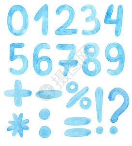 可数的白色背景上孤立的水彩蓝色数字和数学符号数集背景