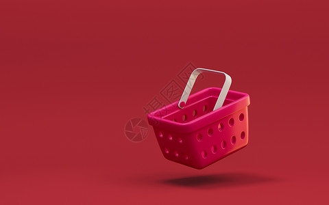 红色背景的空购物篮 3D铸造网上购物展示服务市场折扣塑料渲染营销店铺销售背景