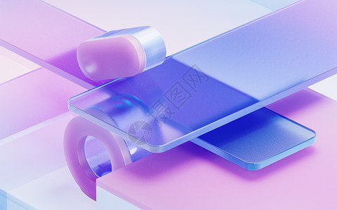 渐变眼镜和立方体 3D投影技术眼镜陈列柜粒子重力建筑学多边形正方形渲染紫色背景图片