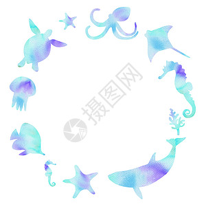 世界海洋日手绘装饰与水下动物和鱼在白背景上隔离的圆框 用于标识设计 纸牌边框装饰 世界海洋日横幅等背景