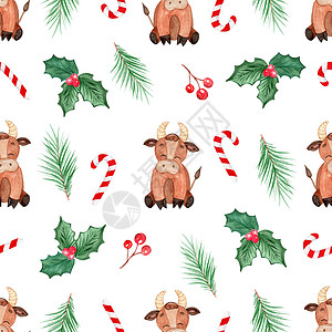 牛图案水彩圣诞图案与白色背景上的公牛和冬青树枝 用于织物 纺织品 包装 剪贴簿 背景 墙纸背景