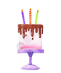 手绘生日背景水彩手画了粉红生日蛋糕 上面有蜡烛 在站立白色背景的白脸台上与外界隔绝 用于设计生日贺卡背景