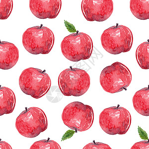 手绘吃完红苹果白底白色的有叶子无缝图案的水红苹果 用于织物 纺织 包装 剪贴等背景