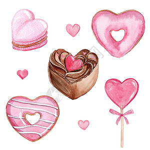 水彩粉色心形甜点设置隔离在白色背景 情人节那天设置 手绘蛋糕 纸杯蛋糕 甜甜圈 棒棒糖 马卡龙背景
