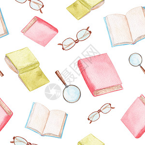 水彩笔记本水彩本和眼镜在白色背景上无缝的图案 返回学校 织物 纺织 包装 剪贴本背景