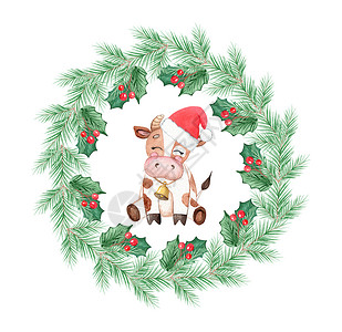 手绘奶牛圣塔帽中的水彩棕色奶牛 在圣诞节花圈框中与白种背景隔绝背景