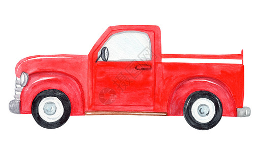 白色背景上孤立的水彩红色卡车侧视图背景图片