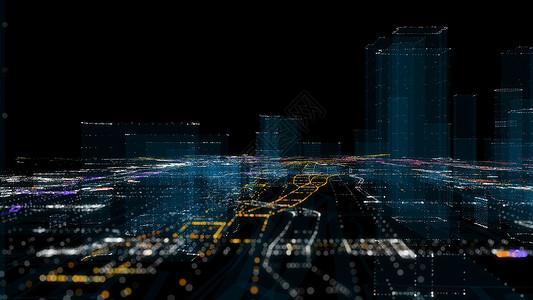 未来的智能数字城市 智能城市和技术商业概念 三全息展示显示器科学数据建筑3d网格界面辉光背景图片