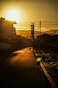 日落和电话杆晴天电线天空电源线街景环境居住区稻穗稻田房地产背景图片