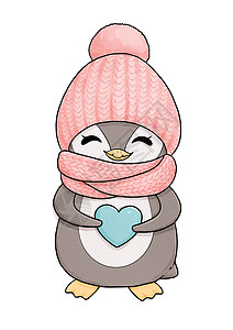 手绘企鹅穿粉红色帽子和围巾的可爱小企鹅背景