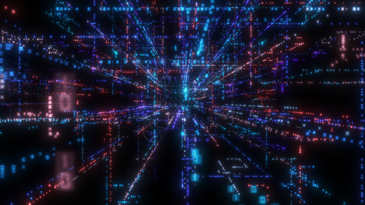 飞入数字技术隧道中矩阵活力电脑激光蓝色3d运动粒子代码科学背景