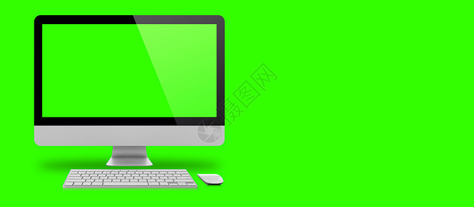 白色台式电脑的样机图像 绿色背景为空白绿色屏幕 适合您的设计元素技术笔记本老鼠桌子工作商业办公室互联网展示插图背景图片