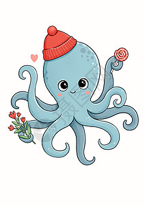 章鱼手绘红色帽子的蓝章鱼 配有鲜花和棒棒棒糖背景