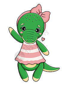 手绘鳄鱼线稿穿粉红裙子的可爱小鳄鱼和蝴蝶结背景