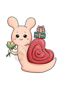 手绘心形小元素带鲜花和礼品盒的可爱小蜗牛背景