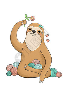树懒熊长着花和毛线球的可爱懒惰背景