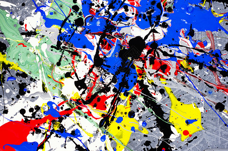 混凝土纹理表面上的白色 黑色 黄色 绿色 红色和蓝色溢出的油漆点水粉印迹绘画颜料水彩流动调色板艺术墙纸坡度背景图片
