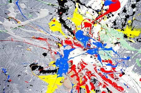 混凝土纹理表面上的白色 黑色 黄色 绿色 红色和蓝色溢出的油漆点调色板颜料染料绘画海浪流动光谱气泡技术墨水背景图片