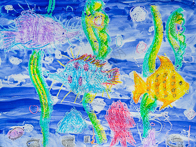 儿童画鱼素材儿童绘画 水下世界 鱼类 海藻 水彩画背景