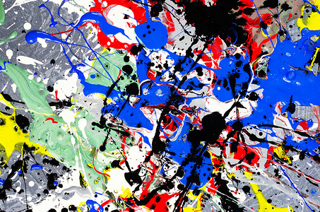 混凝土纹理表面上的白色 黑色 黄色 绿色 红色和蓝色溢出的油漆点艺术印迹水彩技术海浪彩虹水粉流动染料墨水背景图片