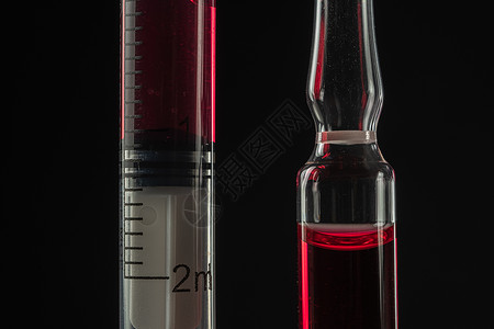披膜病毒科和在暗底背景上配有红药的注射器 针筒膜背景
