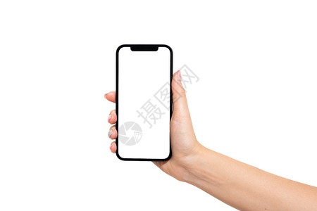 妇女手持智能手机 白背景上隔着空白屏幕 与白色背景隔离背景图片