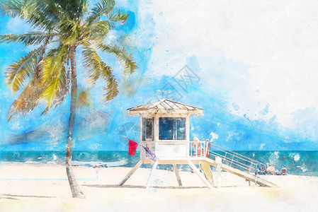 奥斯佩代尔迈阿密救生员塔水彩画插图水彩海滨草图素描手绘海滩海洋海岸线长廊海岸背景