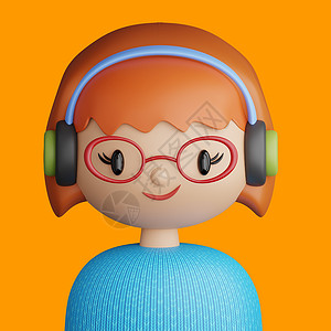 耳机卡通3D卡通阿凡达 微笑的红发年轻女子玩具成人卡通渲染卡通片用户设计3d女孩头像背景