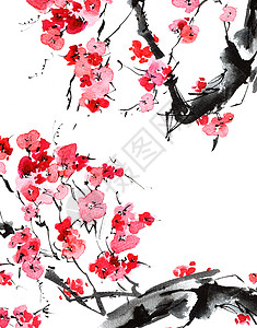红色手绘花朵水花樱花叶子艺术树叶刷子绘画手绘枝条植物花朵草图背景