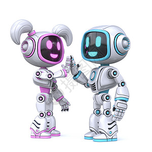 5分熟粉红可爱女孩和蓝男孩机器人 击掌5分3D背景