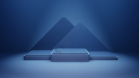 最小的舞台模型 深蓝色方形底座 展示用的底座 空的产品展台 空白背景站 3d 渲染图背景