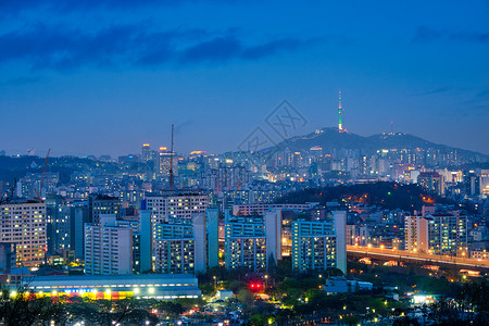 韩国首尔夜景景观风景照明城市天际摩天大楼反光反射建筑图片