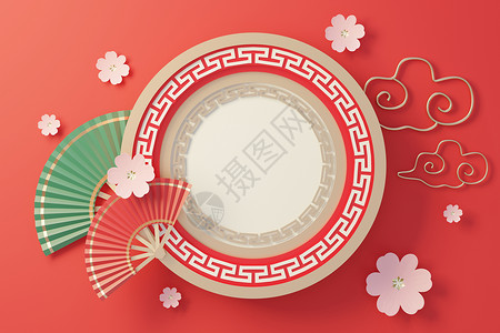 中国风泼墨框3d 将白色空圆筒框的顶部视图用于模拟和显示具有中华传统背景的产品新年奢华化妆品小样推介会十二生肖圆柱平台装饰品牌背景