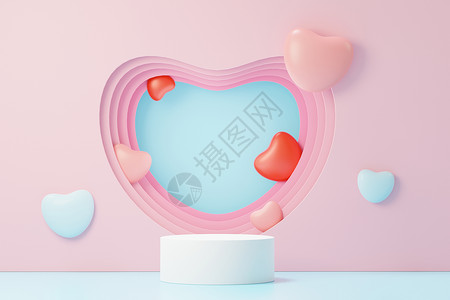 白色心形主题3d 渲染最小的甜蜜场景 展示台用于模拟和产品品牌展示 粉色基座代表情人节的主题 可爱可爱的心背景 喜欢day的设计风格插图正方背景