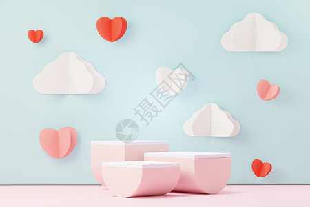 甜蜜有礼3d 渲染最小的甜蜜场景 展示台用于模拟和产品品牌展示 粉色基座代表情人节的主题 可爱可爱的心背景 喜欢day的设计风格正方形礼背景