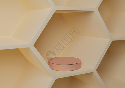 浅米色 淡橙色 3D 渲染产品展示蜂窝图案抽象背景 用于产品摄影自然 几何 简单模板圆柱平台讲台或展台背景图片