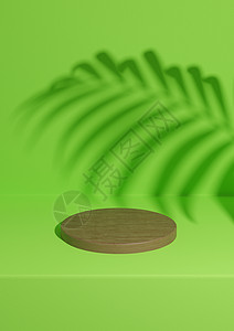 明亮的霓虹绿色 3D 渲染简单 最小的木制产品讲台背景 带有棕榈叶阴影 用于圆柱台上的自然产品背景图片
