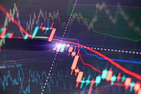 屏幕上的价格图表和笔指示数 蓝屏主题 市场波动 上升趋势与下行趋势的红绿烛台图势头信号流动木板库存外汇体积电脑投资贸易背景图片