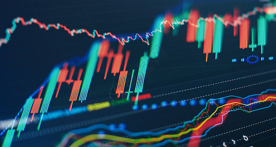 年度销售统计表技术价格图表和指标 蓝色主题屏幕上的红色和绿色烛台图表 市场波动 上下趋势 股票交易 加密货币背景销售金子眼镜外汇价钱经济交换生背景