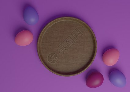 亮紫紫紫紫紫紫3D 翻天覆地的顶视图 平板非活性产品显示讲台或与彩色复活节鸡蛋和木碟站在一起背景