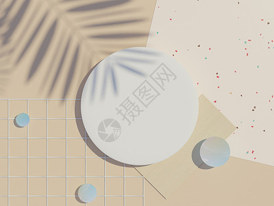 大地纸3d 渲染白色空白圆筒框架的顶视图 用于模拟和展示带有棕榈叶阴影 大地色调和水磨石墙背景的产品 创意理念装饰房间化妆品圆柱帆布横背景