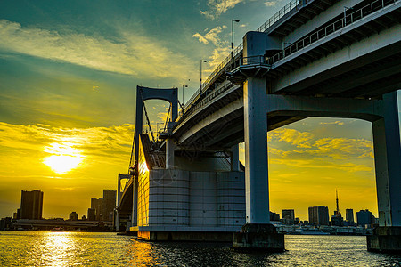 彩虹桥和东京夜景海洋交通美景日落太阳首都海面港区橙子图片