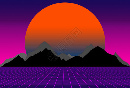蒸气波80年代Scifi风格 紫色背景 黑山和灰山后面有日落 未来插图或海报模板 合成波横幅技术网格橙子电脑海浪毛刺合成器艺术天空逆波背景