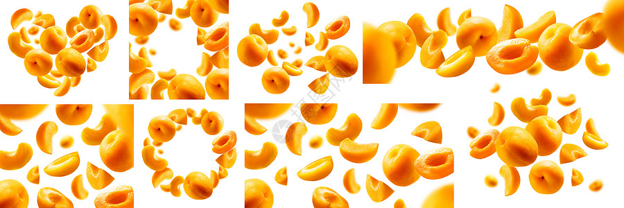 所有素材照片一组照片 白背景的杏仁悬浮在白色背景上 在飞行中提取水果背景