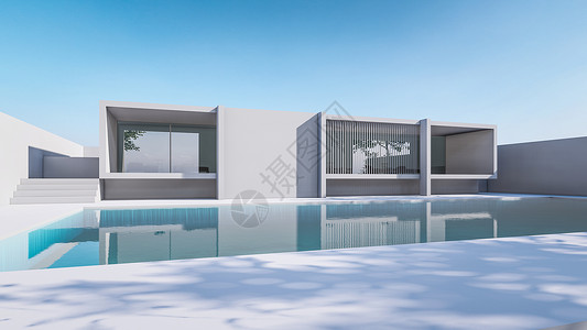 别墅项目3D 现代房屋的插图渲染住宅露台反射窗户奢华投资住房花园房子背景